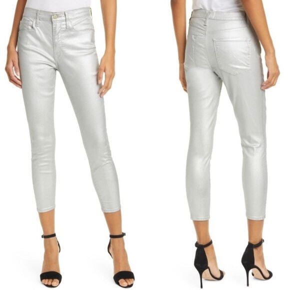 Frame Ali Metallic Silver High Rise Cigarette Ankle Skinny Jeans New Size 24 - Picture 1 of 15